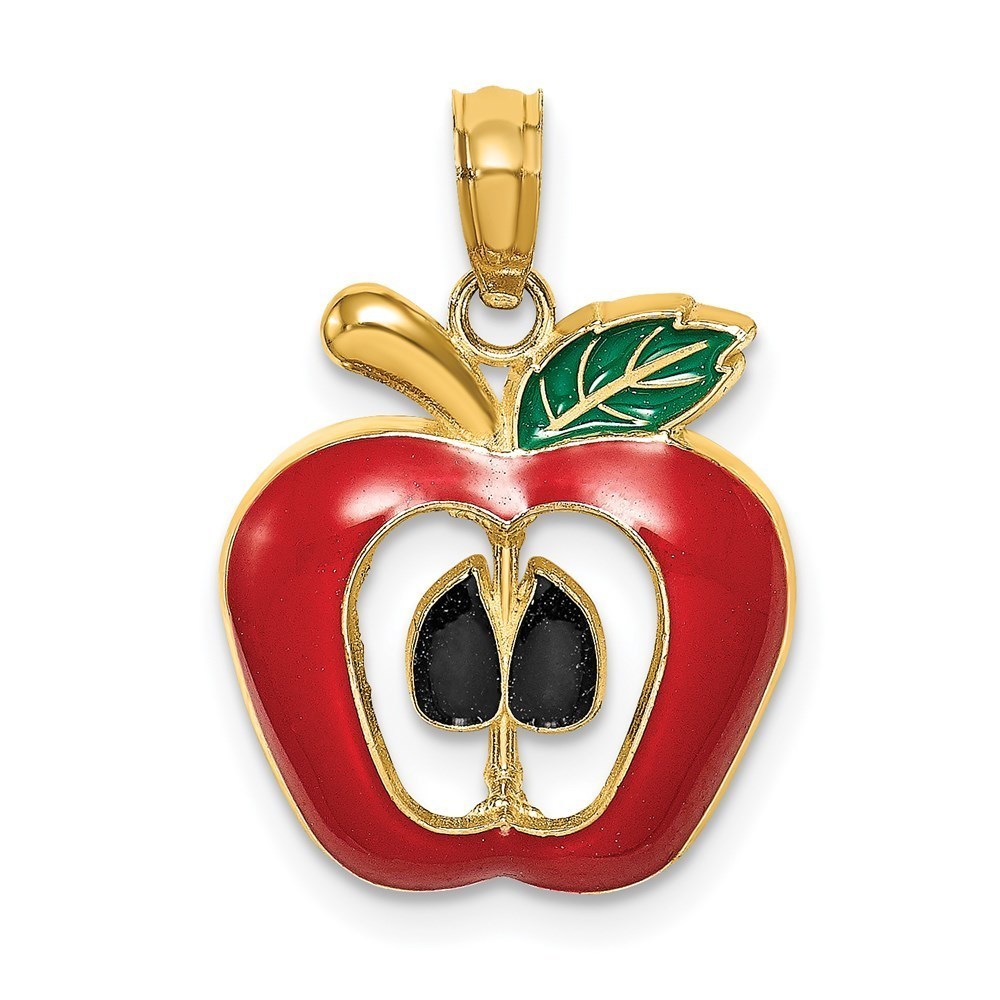 14k Yellow Gold w/ Enamel 2-D Cut-Out Apple Necklace Charm Pendant
